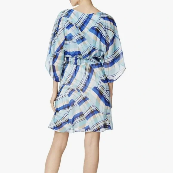 Calvin Klein Chiffon Kimono Dress in a Plaid Pattern of Blue and Tan and Green - Picture 10 of 16